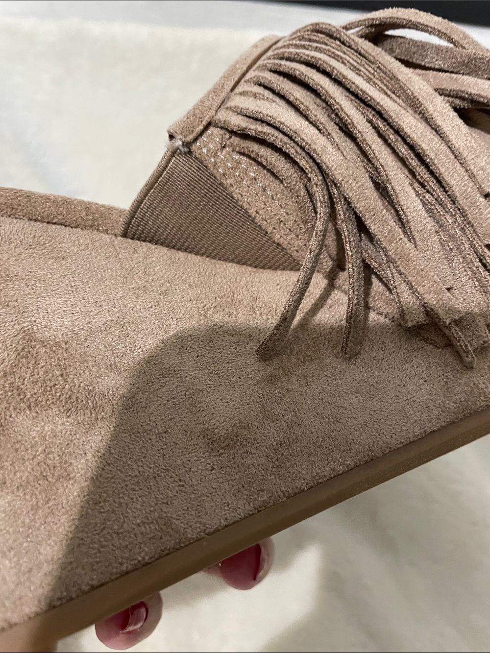 Madden NYC Women's Tan Suede BOHO Fringe Wedge Slides - Picture 13 of 16